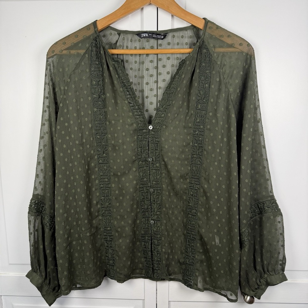 Zara Top Women Large Boho Festival Sheer Embroidered Lace Dark Green Top Blouse